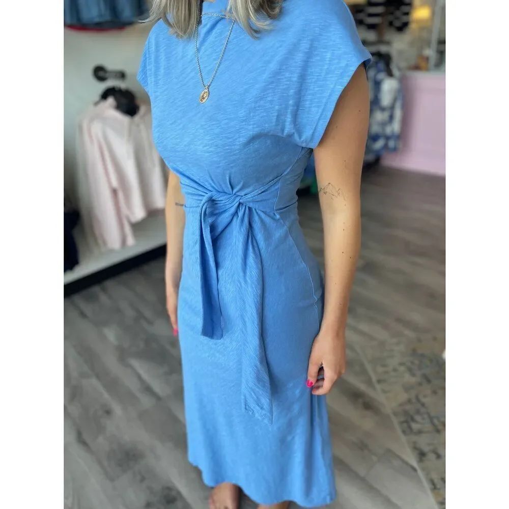 NWT Elan Blue Cotton Maxi Dress Side Tie Cap Sleeve Teacher Academia Size L